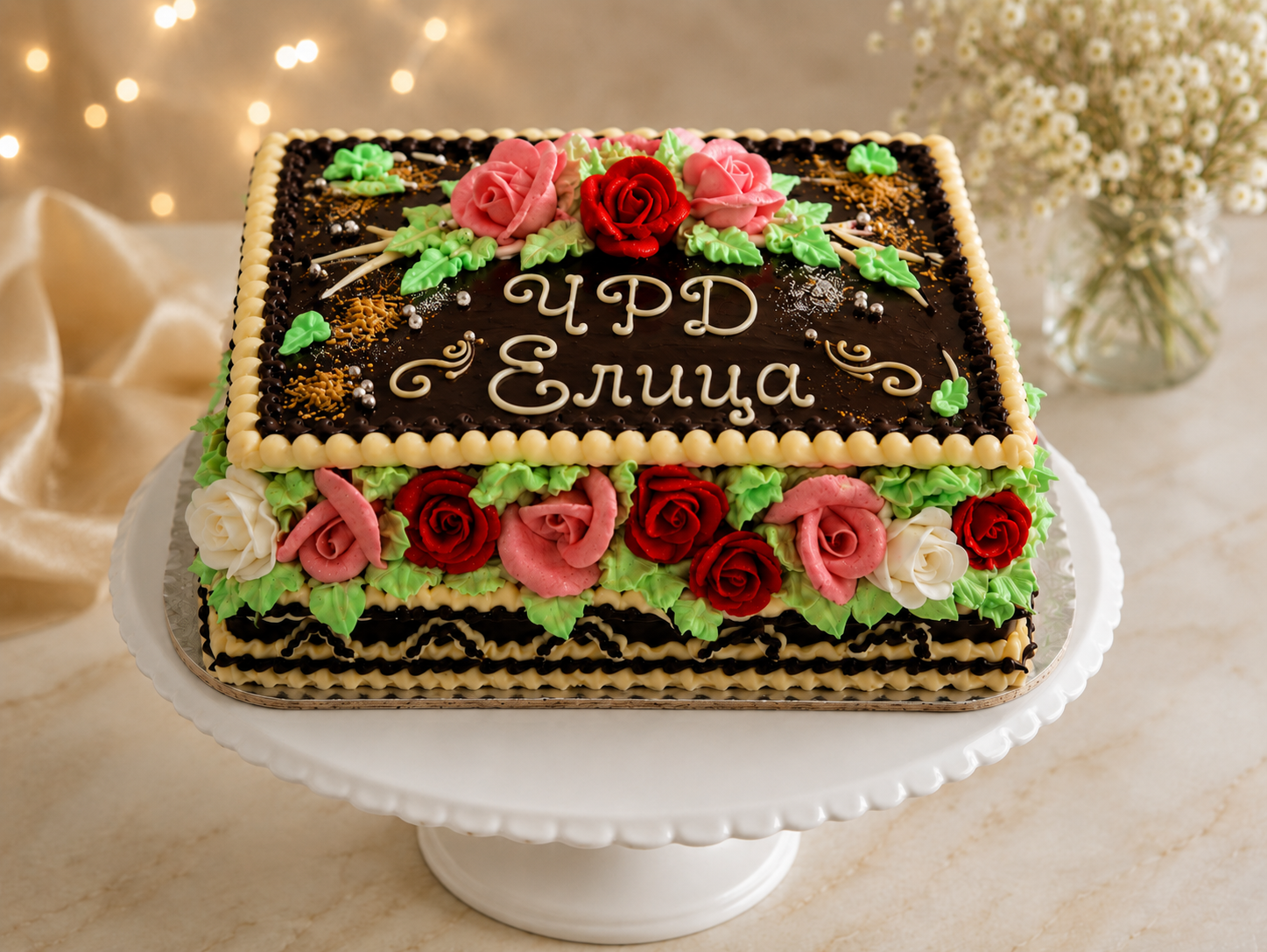 Торта с рози и надпис